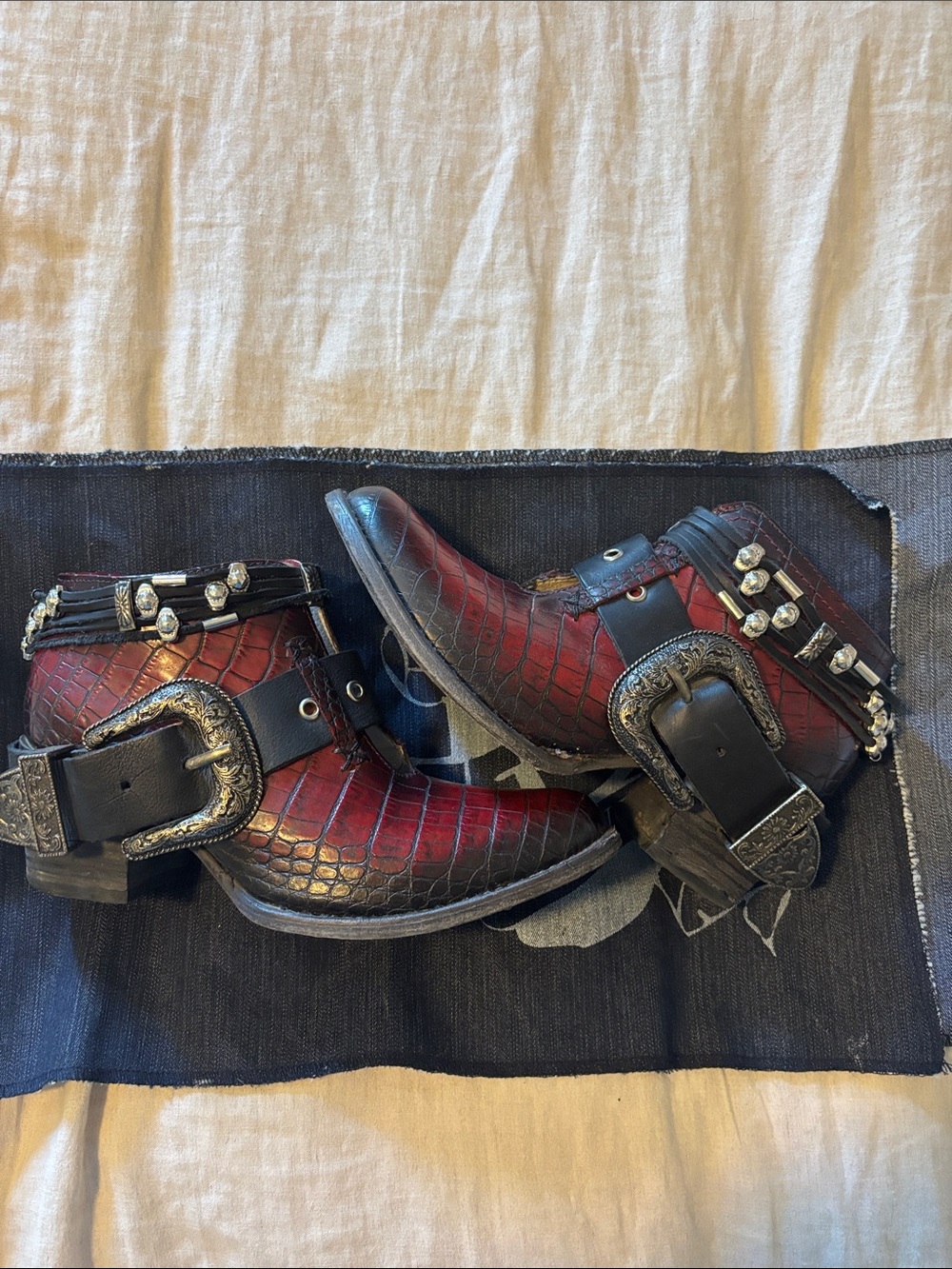 Red Croc-Embossed SALOON Freebird Ankle Boots with Studded Straps